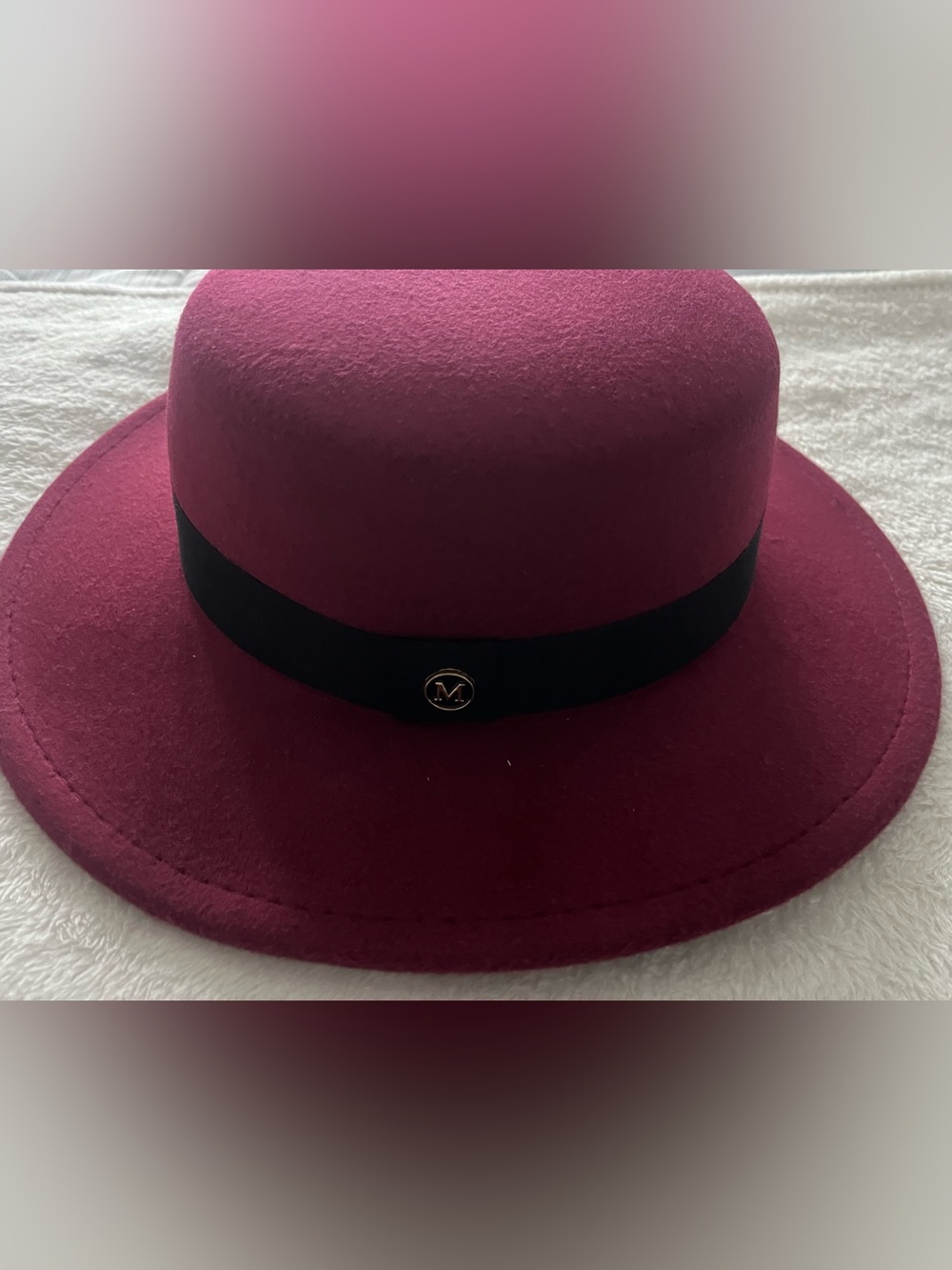margot Burgundy Felt Wide-Brim Hat with Black Band and Gold 'M' Accent